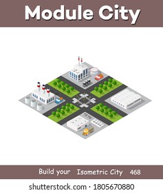 Isometric plant in 3D dimensional projection includes factories, industrial buildings, boilers, warehouses, hangars, power stations, streets, roads, trees. Urban infrastructure of city metropolis.