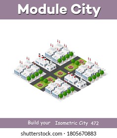 Isometric plant in 3D dimensional projection includes factories, industrial buildings, boilers, warehouses, hangars, power stations, streets, roads, trees. Urban infrastructure of city metropolis.