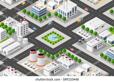 Isometric plant in 3D dimensional projection includes factories and industrial buildings, boilers, warehouses, hangars, power stations, streets, roads, trees. Urban infrastructure of city metropolis.