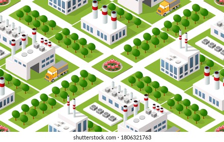 Isometric plant in 3D includes factories, industrial buildings, boilers, warehouses, hangars, power stations, streets, roads, trees. Urban infrastructure of city 