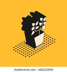 Isometric Plant in pot icon isolated on yellow background. Plant growing in a pot. Potted plant sign.  Vector Illustration