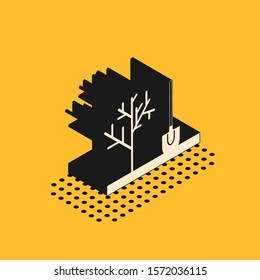 Isometric Planting a tree in the ground icon isolated on yellow background. Gardening, agriculture, caring for environment.  Vector Illustration