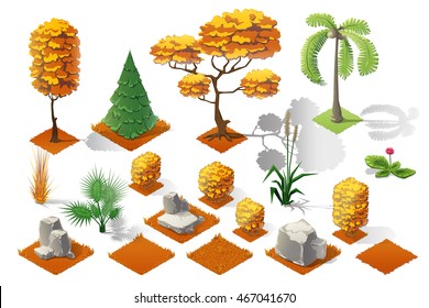 Isometric plants and grass, stones, trees with transparent shadow for landscape game design