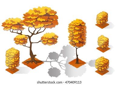 Isometric plants and grass, stones, trees with transparent shadow for landscape game design
