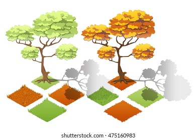 Isometric plants and grass, stones, trees with transparent shadow for landscape game design