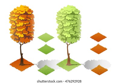 Isometric plants and grass, stones, trees with transparent shadow for landscape game design