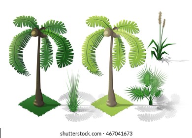 Isometric plants and grass, trees with transparent shadow for landscape game design
