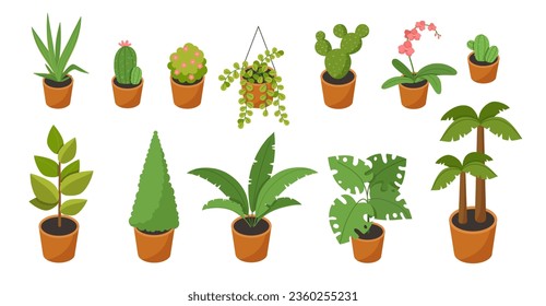 Isometric plants set. Flowers and tropical leaves in pots. Elements of decor and interior. Comfort and coziness. Poster or banner. Cartoon 3D vector collection isolated on white background