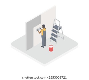 Isometric plasterer renovating indoor walls and ceilings with float and plaster. Construction finishing works. Construction building industry, new home, construction interior. Vector illustration.