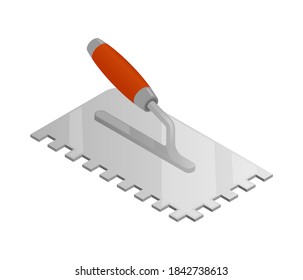 Isometric plastering trowel isolated on white background. Colorful notched trowel vector icon. Four-sided stucco trowel with red plastic handle. Construction tool. Flat style vector illustration. 3D.