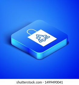 Isometric Plastic bag with recycle icon isolated on blue background. Bag with recycling symbol. Blue square button. Vector Illustration