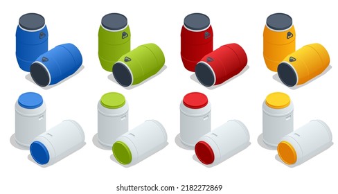 Isometric plastic barrel, container isolated on white background. Plastic storage drums