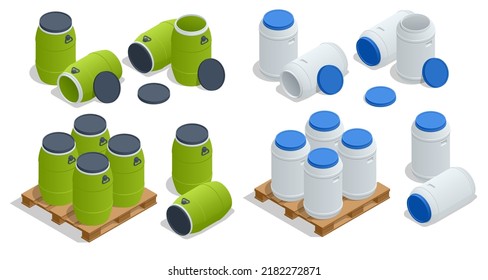 Isometric plastic barrel, container isolated on white background. Plastic storage drums