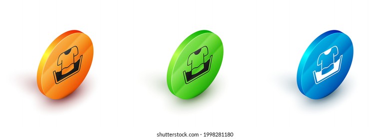 Cuenca de plástico isométrica con icono de camisa aislado en fondo blanco. Tazón con agua. Lavado de ropa, equipo de limpieza. Botón Círculo. Vector