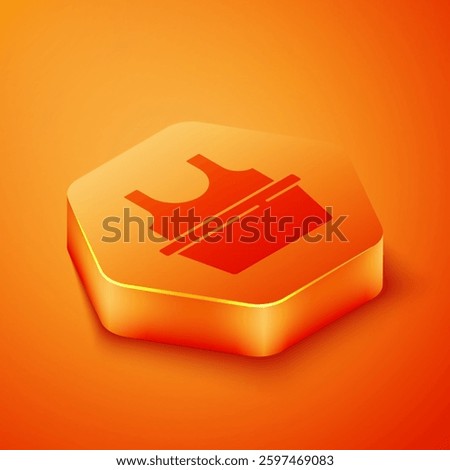 Isometric Plastic basin with shirt icon isolated on orange background. Bowl with water. Washing clothes, cleaning equipment. Orange hexagon button. Vector