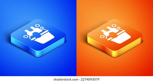 Isometric Plastic basin with soap suds icon isolated on blue and orange background. Bowl with water. Washing clothes, cleaning equipment. Square button. Vector