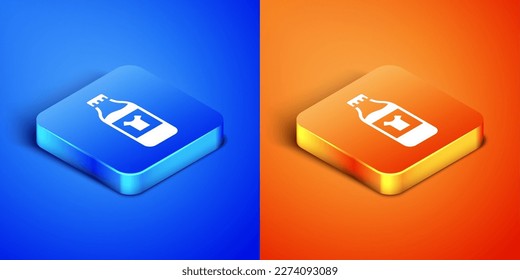 Isometric Plastic bottle for laundry detergent, bleach, dishwashing liquid or another cleaning agent icon isolated on blue and orange background. Square button. Vector