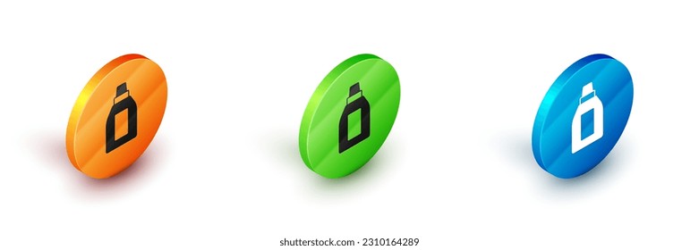Isometric Plastic bottle for laundry detergent, bleach, dishwashing liquid or another cleaning agent icon isolated on white background. Circle button. Vector