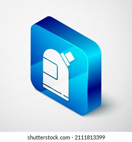 Isometric Plastic bottles for laundry detergent, bleach, dishwashing liquid or another cleaning agent icon isolated on grey background. Blue square button. Vector Illustration