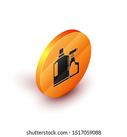 Isometric Plastic bottles for liquid laundry detergent, bleach, dishwashing liquid or another cleaning agent icon isolated on white background. Orange circle button. Vector Illustration