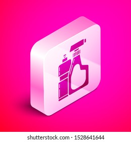 Isometric Plastic bottles for liquid laundry detergent, bleach, dishwashing liquid or another cleaning agent icon isolated on pink background. Silver square button. Vector Illustration