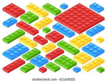 Isometric plastic building blocks and tiles. Toy kids bricks vector set. Toy block construction, illustration of cube toy for play. Flat cartoon style vector illustration