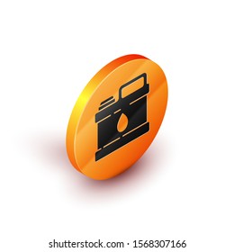 Isometric Plastic canister for motor machine oil icon isolated on white background. Oil gallon. Oil change service and repair. Orange circle button. Vector Illustration