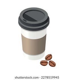 Isometric plastic coffee cup with beans vector illustration