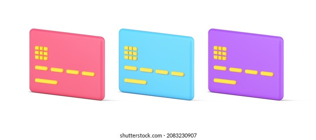 Isometric plastic credit debit card set for e payment transaction multicolored 3d icon template vector illustration. Modern banking emoney storage for ecommerce contactless paying isolated on white