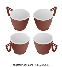 Isometric plastic cup. Empty white plastic disposable cups. Takeaway drink containers isolated, plastic container and disposable transparent for drink