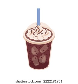 Isometric plastic cup of iced coffee with cream and straw 3d vector illustration