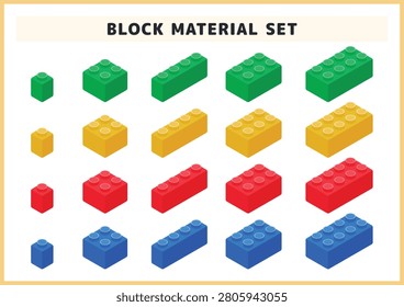 Isometric plastic toy bricks element asset set with various sizes and colors green yellow red and blue icons vector