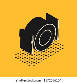 Isometric Plate, fork and knife icon isolated on yellow background. Cutlery symbol. Restaurant sign.  Vector Illustration