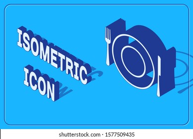 Isometric Plate, fork and knife icon isolated on blue background. Cutlery symbol. Restaurant sign.  Vector Illustration