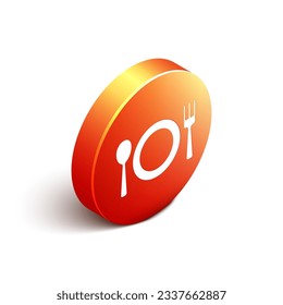 Isometric Plate, bifurcación e icono de cuchillo aislados en fondo blanco. Símbolo de cubiertos. Señal de restaurante. Botón de círculo naranja. Vector