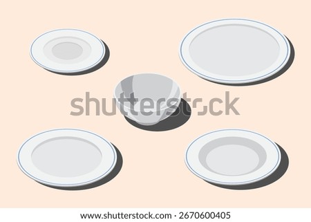 Isometric plate set. Empty plate set. Isometric cutlery. Isometric tableware set. Vector illustration