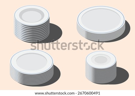 Isometric plate set. Empty plate set. Isometric cutlery. Isometric tableware set. Vector illustration