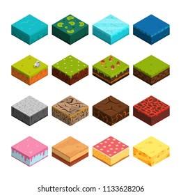 Isometric Platforms Set Different Soil Textures. Set Of Materials For The Game. Nature Stone, Landscape Cartoon Style Interface, Rock And Water Layer. Sweets And Food Soil Layers. Vector Illustration.