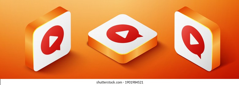 Isometric Play in circle icon isolated on orange background. Orange square button. Vector.