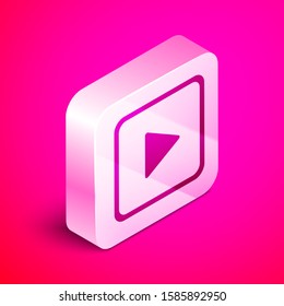 Isometric Play in square icon isolated on pink background. Silver square button. Vector Illustration