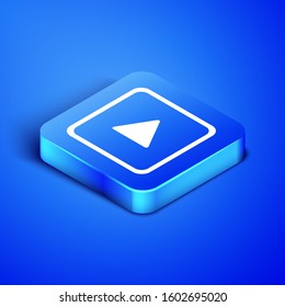Isometric Play in square icon isolated on blue background. Blue square button. Vector Illustration