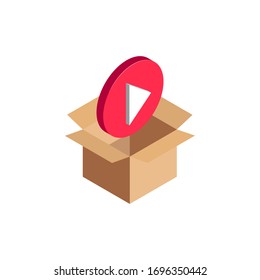 Isometric Play Video Icon, 3d Video Player Symbol In Open Cardboard Box Isolated. Multimedia Files Archive, Hosting And Data Storage Concept. Vector Illustration Design, Infographic, Web, App, Ad