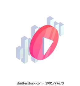 Isometric play video icon. 3D video player with sound wave flat vector sign. Video and Audio technology, Waves of the equalizer symbol.