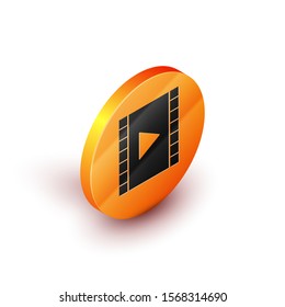Isometric Play Video icon isolated on white background. Film strip with play sign. Orange circle button. Vector Illustration