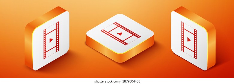 Isometric Play Video icono aislado en el fondo naranja. Tira de película con signo de juego. Botón cuadrado naranja. Vector.