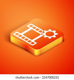 Isometric Play Video icon isolated on orange background. Film strip sign.  Vector