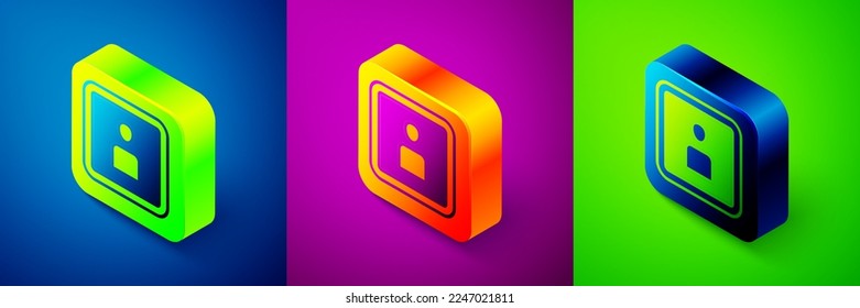 Isometric Play Video icon isolated on blue, purple and green background. Film strip sign. Square button. Vector