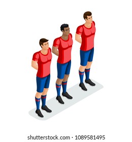 Isometric players football stand out, men of different races in one team. Football match
