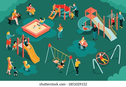 Isometric playground composition with outdoor scenery parents with kids and play equipment slide swing and sandpit vector illustration