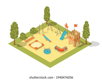 Isometric playground concept for outdoor family pastime. Playful kindergarten. Colored 3d isometric kids playground with park objects and gaming complexes